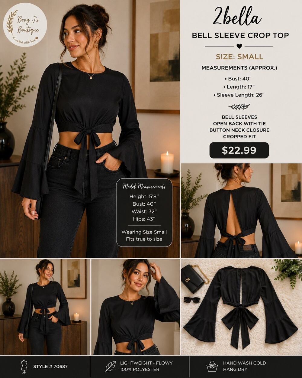 2bella Women’s Small Black Crop Top Bell Sleeve Open Back Tie Y2K Blouse